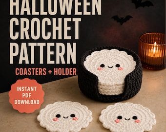 May include: A set of white crocheted coasters with black eyes and pink cheeks, stored in a black crocheted holder. The text reads HALLOWEEN CROCHET PATTERN COASTERS + HOLDER and INSTANT PDF DOWNLOAD. The design features scalloped edges.