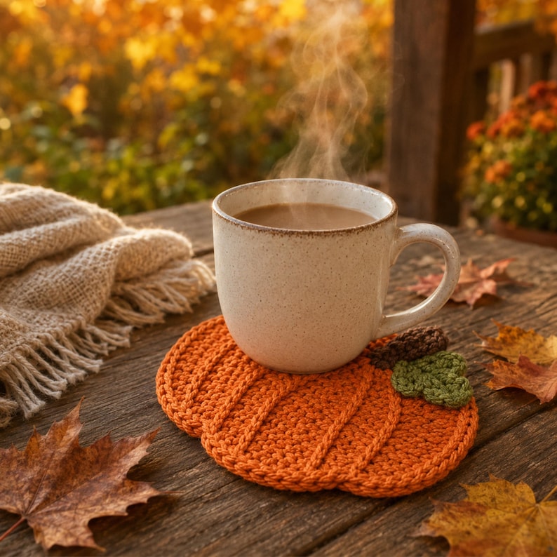 May include: A speckled off-white ceramic mug filled with a steaming hot beverage sits atop a round, orange crocheted pumpkin-shaped coaster. The coaster features a dark brown stem and a small green leaf detail, resting on a weathered wooden surface.