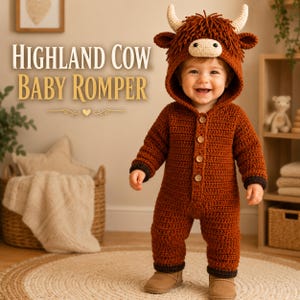 May include: A rust-colored crochet baby romper featuring a hood designed to look like a Highland cow, complete with cream-colored horns, a light-colored muzzle, and dark brown fringe. The garment has a front button closure and dark brown cuffs.