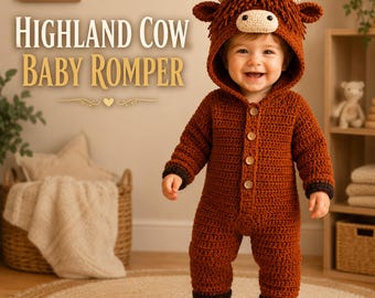 Häkelanleitung für einen Baby-Strampler mit Hochlandkuhmotiv, Kapuzen-Tieroverall, Kleinkind-Outfit (PDF), handgefertigtes Babygeschenk, Sofort-Download