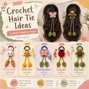 May include: Five crochet hair ties featuring dangling designs: a white bunny with orange carrots, a yellow bee with honey drops, a purple butterfly with green leaves, a red ladybug with green leaves, and a green turtle with textured shell bobs.