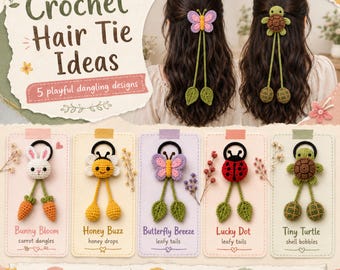 Crochet Hair Tie Pattern Bundle PDF, 5 Animal Hair Accessories, Bunny Bee Butterfly Ladybug Turtle Amigurumi Pattern, Digital download.
