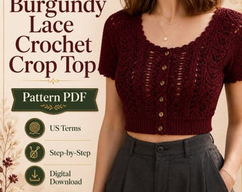 Crochet Crop Top Pattern PDF, Lace Button Front Cardigan, Short Sleeve Crochet Top, Women's Summer Top Digital Download.