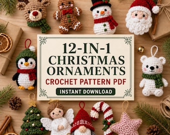 May include: A collection of twelve crocheted Christmas ornaments including a reindeer, gingerbread person, snowman, Santa, penguin, polar bear, tree, angel, gnome, candy cane, and star, surrounding a sign reading 12-IN-1 CHRISTMAS ORNAMENTS.