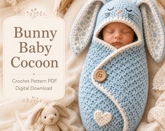 Bluebell Bunny Newborn Cocoon Crochet Pattern PDF, Floppy Ear Hooded Baby Wrap, Photography Prop Tutorial, Instant Download