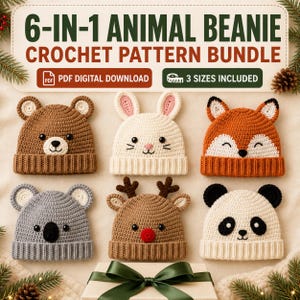 May include: A 6-in-1 animal beanie crochet pattern bundle featuring six distinct designs: a brown bear, a white rabbit, an orange fox, a gray koala, a brown reindeer with a red nose, and a panda. The digital download includes 3 sizes.
