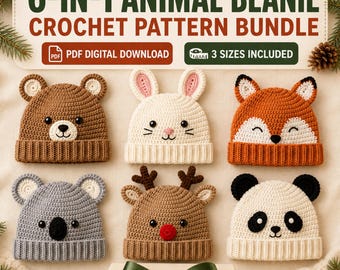 6-in-1 Animal Beanie Crochet Pattern Bundle, Kids Winter Hat PDF, Bear Bunny Fox Koala Reindeer Panda, Baby Toddler Child Sizes