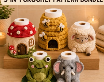 May include: A 5-in-1 crochet pattern bundle featuring five toilet paper roll covers: a red and white mushroom house, a yellow beehive with bees, a cream-colored sheep, a green frog on a lily pad, and a gray elephant with pink ears.