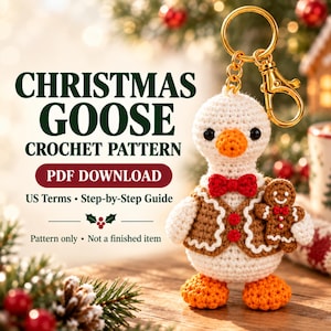May include: A crochet pattern PDF download titled CHRISTMAS GOOSE CROCHET PATTERN featuring a white goose amigurumi with an orange beak and feet, wearing a brown vest with white trim, a red bow tie, and holding a small gingerbread man cookie.