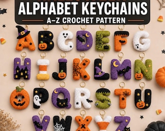 May include: A collection of twenty-six crochet alphabet keychains featuring Halloween themes. Each letter is crafted in yarn with colors including orange, black, purple, white, and green, decorated with motifs like pumpkins, ghosts, bats, and webs.