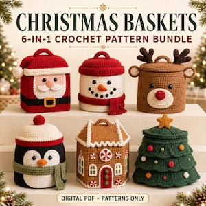 Julkorgsvirkmönster i PDF-format, 6 förvaringskorgar med lock, design av tomten, snögubben, renen, pingvinen, pepparkakshuset och trädet