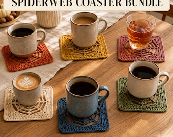 May include: A set of five square crochet coasters featuring a spiderweb pattern in orange, yellow, maroon, cream, and blue. Each coaster supports a ceramic mug filled with various beverages. The text SPIDERWEB COASTER BUNDLE is visible.