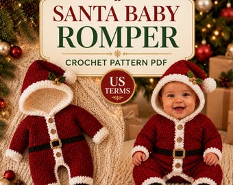 Santa Baby Romper Crochet Pattern PDF, Christmas Baby Outfit, Newborn Photo Prop, US Terms, Instant Digital Download, Christmas gift.