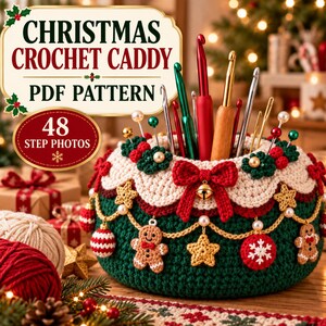 May include: A round, dark green crochet caddy featuring a cream-colored scalloped rim, a red bow with a gold bell, and hanging ornaments including gingerbread men, stars, and red baubles. The caddy holds various colorful metal crochet hooks.