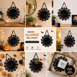 May include: A black crochet wall pocket featuring a spider web design with a central circular pouch. The text reads CROCHET HALLOWEEN WALL POCKET, DIGITAL CROCHET PATTERN, PDF FILE, EASY TO FOLLOW, BEGINNER FRIENDLY, and THANK YOU.