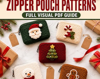 May include: Five rectangular crochet zipper pouches featuring Christmas motifs: a Santa Claus on dark green, a candy cane on cream, a Christmas tree on dark red, a snowman on white, and a gingerbread man on brown, with text 5 CHRISTMAS ZIPPER POUCH PATTERNS.