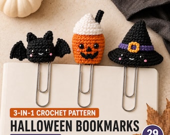 May include: Three crochet Halloween bookmarks featuring a black bat, an orange pumpkin with white whipped cream, and a black witch hat. The text reads 3-IN-1 CROCHET PATTERN HALLOWEEN BOOKMARKS DIGITAL PDF 29 PAGES. Each figure is attached to a metal paperclip.