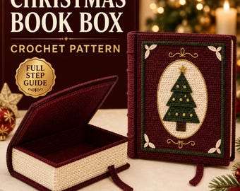May include: A crochet pattern for a Christmas book box, featuring a deep red rectangular box with a cream-colored spine and a matching closed book with a green Christmas tree appliqué on a cream oval background, all with gold embroidery details.