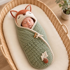 May include: A sage green crocheted baby swaddle blanket featuring a fox-themed hood with pointed ears and a sleeping face. The swaddle is secured with a wooden toggle button and decorated with a crocheted oak leaf and acorn applique on the front.