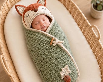 May include: A sage green crocheted baby swaddle blanket featuring a fox-themed hood with pointed ears and a sleeping face. The swaddle is secured with a wooden toggle button and decorated with a crocheted oak leaf and acorn applique on the front.