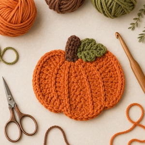 May include: A crocheted pumpkin coaster in bright orange yarn with a dark brown stem and a single green leaf. The pumpkin features textured vertical ridges and is surrounded by orange and green yarn balls, a wooden crochet hook, and scissors.