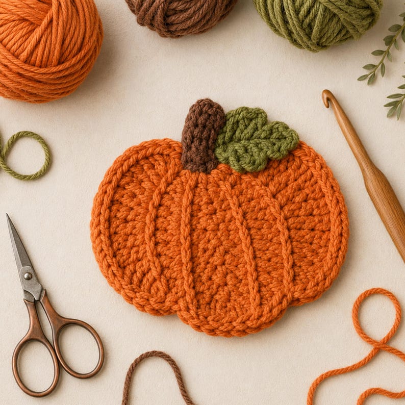 May include: A crocheted pumpkin coaster in bright orange yarn with a dark brown stem and a single green leaf. The pumpkin features textured vertical ridges and is surrounded by orange and green yarn balls, a wooden crochet hook, and scissors.