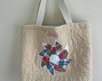 Reworked Vintage hand quilted market bag/tote peach pinwheel applique