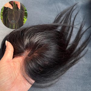 Puede incluir: Un postizo de cabello negro liso con una base de monofilamento y una raya visible. La parte inferior de la pieza incluye pequeñas pinzas metálicas sensibles a la presión para una fijación segura, diseñada para cubrir el cabello fino.
