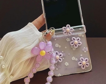 Flower Phone Case for Samsung Galaxy Z Flip 7, Z Flip 7 FE, Z Flip 6, Z Flip 5, Z Flip 4, Z Flip 3 3D Rotating Flower, Wrist Chain