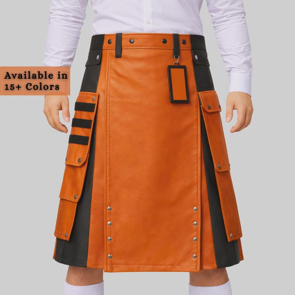 High Visibility Orange & Black Leather Utility Kilt for Men - Reflective Safety Workwear Kilt