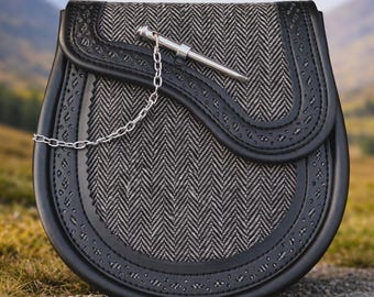 Kilt Sporran in tweed grigio vintage – Sporran scozzese fatto a mano con chiusura a perno girevole, catena e cintura regolabile