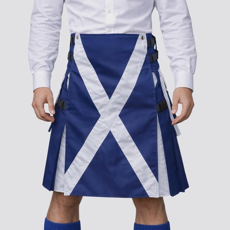 Kilt Feature Scottish Flag Utility Kilt – Modern Blue & White Hybrid Fashion Kilt ...