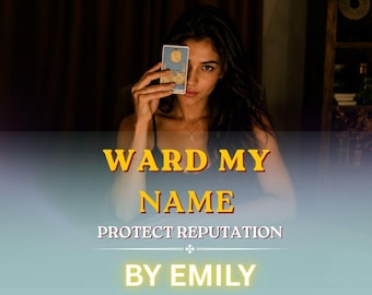 May include: A rectangular tarot card featuring a yellow moon illustration held up against a dark background. The text WARD MY NAME, PROTECT REPUTATION, and BY EMILY is displayed in yellow and white lettering over the lower portion of the image.