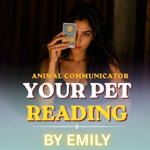 May include: A digital graphic featuring the text ANIMAL COMMUNICATOR YOUR PET READING BY EMILY. The image shows a person holding a tarot card with a moon illustration in front of their face, set against a dark, moody background with soft lighting.