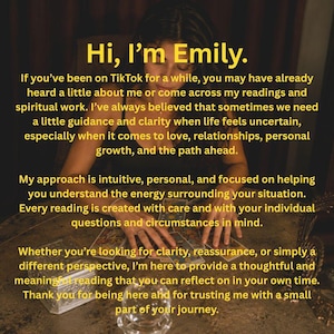 May include: A person with dark hair wearing a black top sits at a round table with tarot cards spread out. The text reads: Hi, I&rsquo;m Emily. If you&rsquo;ve been on TikTok for a while, you may have already heard a little about me or come across my readings.