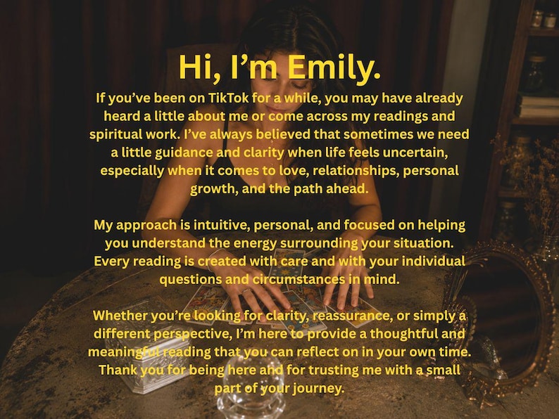 May include: A person with dark hair wearing a black top sits at a round table with tarot cards spread out. The text reads: Hi, I&rsquo;m Emily. If you&rsquo;ve been on TikTok for a while, you may have already heard a little about me or come across my readings.