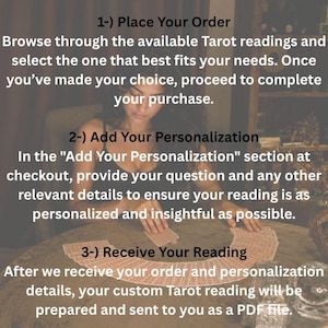 May include: An instructional graphic for a Tarot reading service. The text outlines three steps: 1-) Place Your Order, 2-) Add Your Personalization, and 3-) Receive Your Reading. The background shows a person at a table with a fan of Tarot cards.