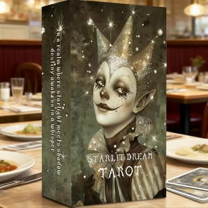 Può includere: Una scatola di carte dei tarocchi con un'illustrazione di una figura con una corona di gioielli e trucco. La scatola è verde scuro con le parole "STARLIT DREAM TAROT" e il testo "un regno dove la luce delle stelle incontra l'ombra, il destino si risveglia in un sussurro."