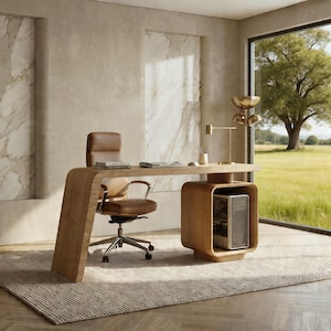 Puede incluir: Un escritorio de madera moderno con un diseño curvo, una silla de oficina de cuero marrón y una torre de ordenador. El escritorio está en una habitación con una gran ventana que da a un campo verde y un árbol. También se ven una lámpara dorada y una alfombra.