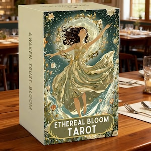Puede incluir: Una caja de cartas del tarot con las palabras "Ethereal Bloom Tarot" en un óvalo dorado. La caja presenta una ilustración de una mujer con un vestido fluido, rodeada de flores y una luna. El lateral de la caja dice "Awaken. Trust. Bloom."
