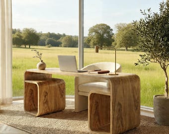 Modern Solid Wood Desk Sculptural Writing Desk Minimalist Wooden Desk Nordic Style Curved Desk Home Office Desk
