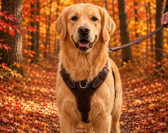 Dark Brown Leather Dog-Harness - Luxury Padded Dog-Vest for Golden-Retrievers and Large-Dogs, Adjustable-Handmade Heavy-Duty Pet-Harness