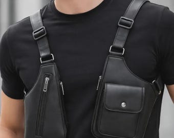 Leren borsttas heren, schoudertas schoudertas, streetwear utility-vesttas