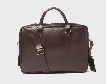 Full Grain Leather Laptop Bag, Dark Brown Briefcase, Handmade Men’s Work Bag