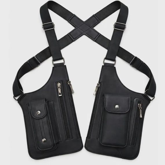 Black Leather Crossbody Harness with Pouch New Set Of Real Leather Harness Artemis With Phone Pouch - Black  main image 3