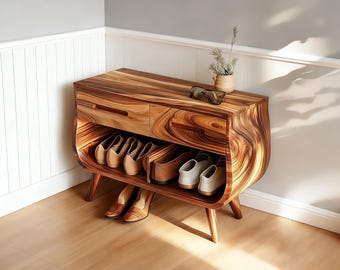 Ręcznie robiona drewniana szafka na buty w stylu Mid-Century Modern z eleganckimi krzywiznami – stylowe miejsce do przechowywania w przedpokoju