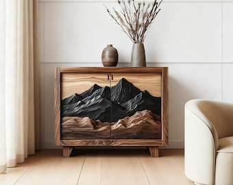 Handmade Modern Wooden Sideboard with Mountain Art Doors, Rustic Walnut Cabinet, Handmade Storage Console, Nature Inspired Home Decor