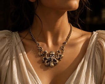 Victorian Style Octopus Necklace, Gold Ocean Pendant, Bold Statement Jewelry UK