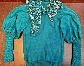 Handknitted Original Design Women's Sweater Bright Teal, Size S-M, New