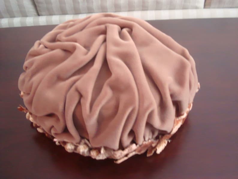 Vintage 1960s Ruched Velvet Hat Taupe Color USA Union Made Darsel Exclusive